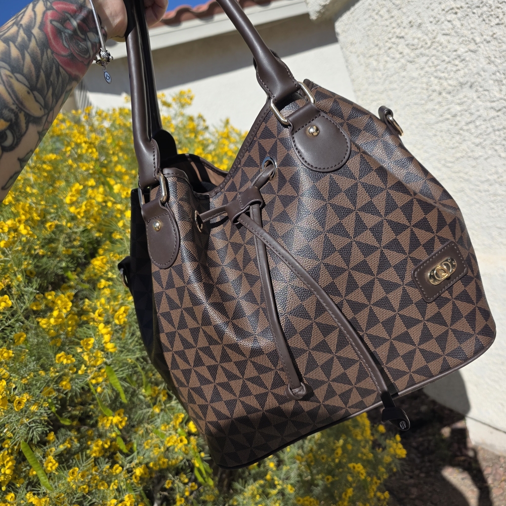 Source Unknown Brown Geometric Drawstring Shoulde… - image 1